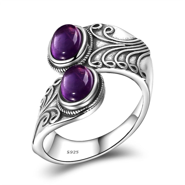 Retro Double Amethyst Silver Ring