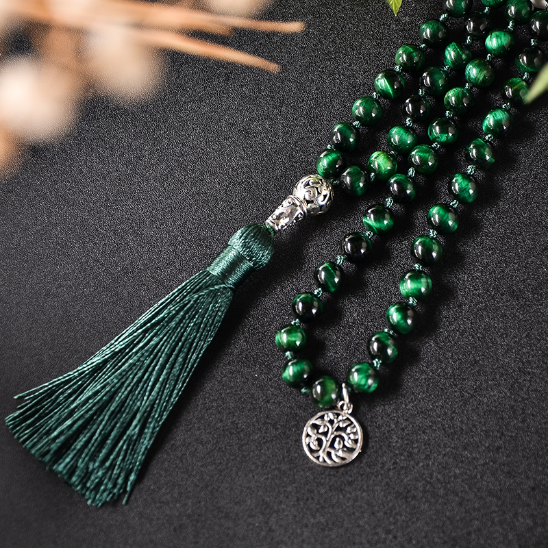 Natural Green Tiger Eye 108 Mala Beads Necklace with Tree of Life Pendant