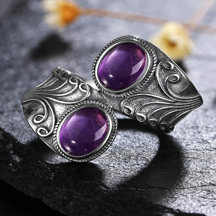 Retro Double Amethyst Silver Ring