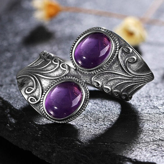 Retro Double Amethyst Silver Ring