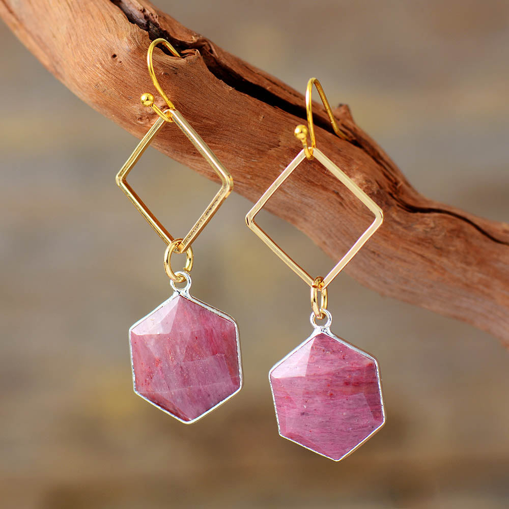 Geometric Dangle Earrings with Natural Rhodonite Stone