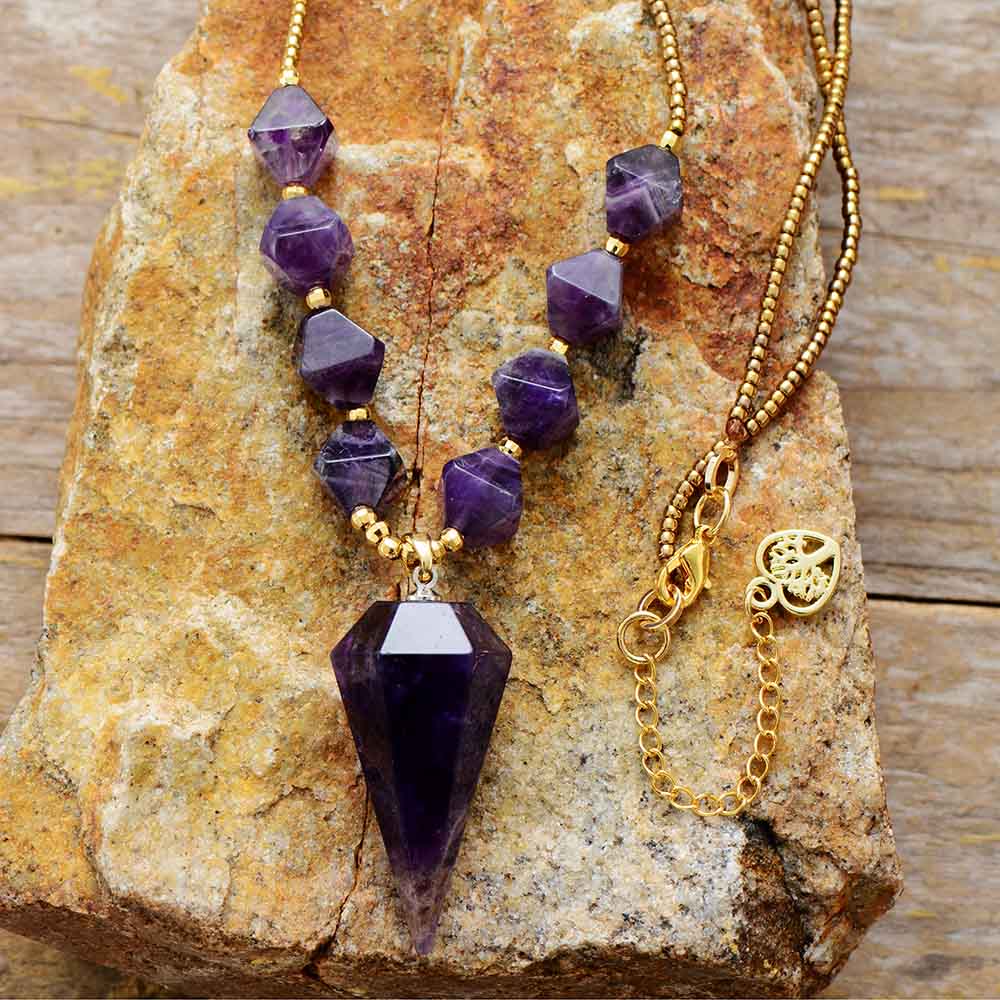 Natural Bold Amethyst Conic Pendant Necklace