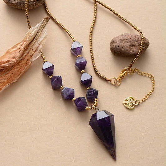 Natural Bold Amethyst Conic Pendant Necklace