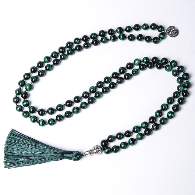 Natural Green Tiger Eye 108 Mala Beads Necklace with Tree of Life Pendant