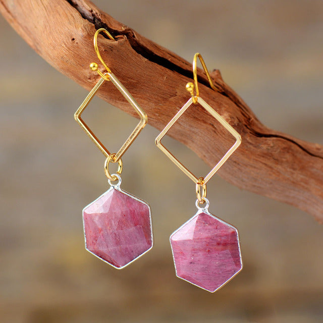 Geometric Dangle Earrings with Natural Rhodonite Stone