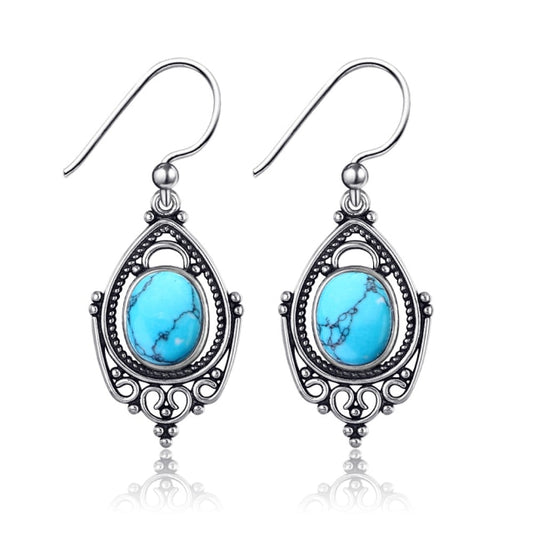 Ethnic Silver Earrings with Natural Turquoise Stone