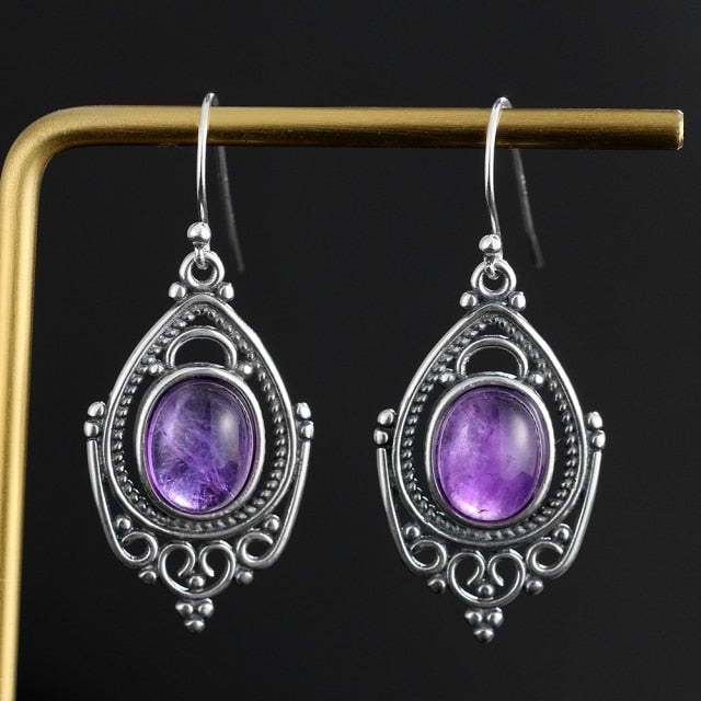 Ethnic Silver Earrings with Natural Amethyst Stone