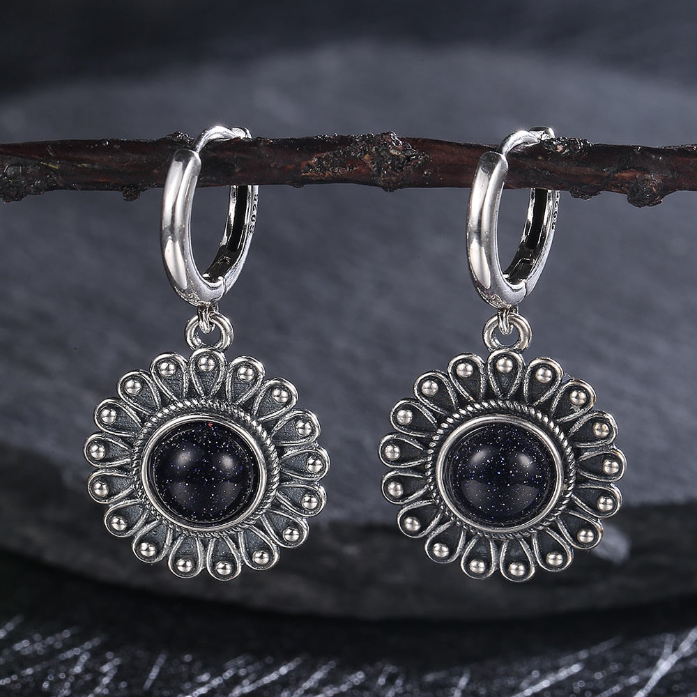 Natural Blue Sandstone Silver Boho Flower Earrings