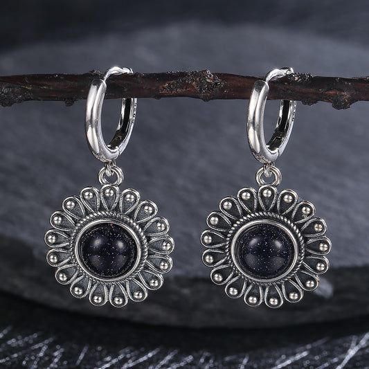 Natural Blue Sandstone Silver Boho Flower Earrings