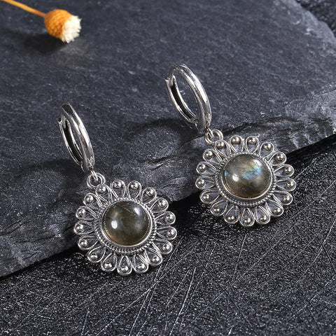 Natural Labradorite Silver Boho Flower Earrings