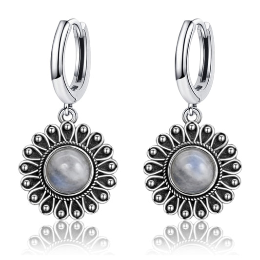 Natural Moonstone Silver Boho Flower Earrings