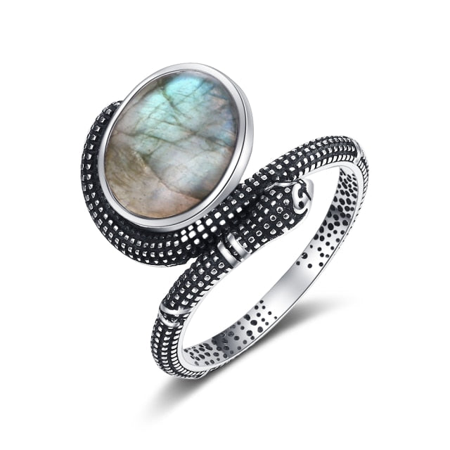 Vintage Silver Serpent Ring with Natural Labradorite