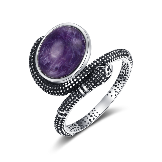 Natural Charoite 925 Silver Serpent Ring