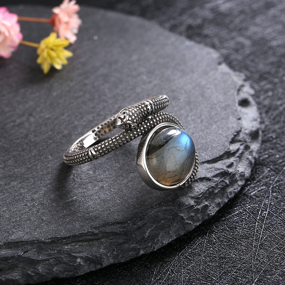 Vintage Silver Serpent Ring with Natural Labradorite