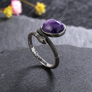 Natural Charoite 925 Silver Serpent Ring