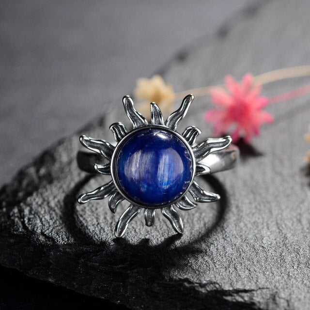 Silver Night Sun Ring with Natural Kyanite Stone