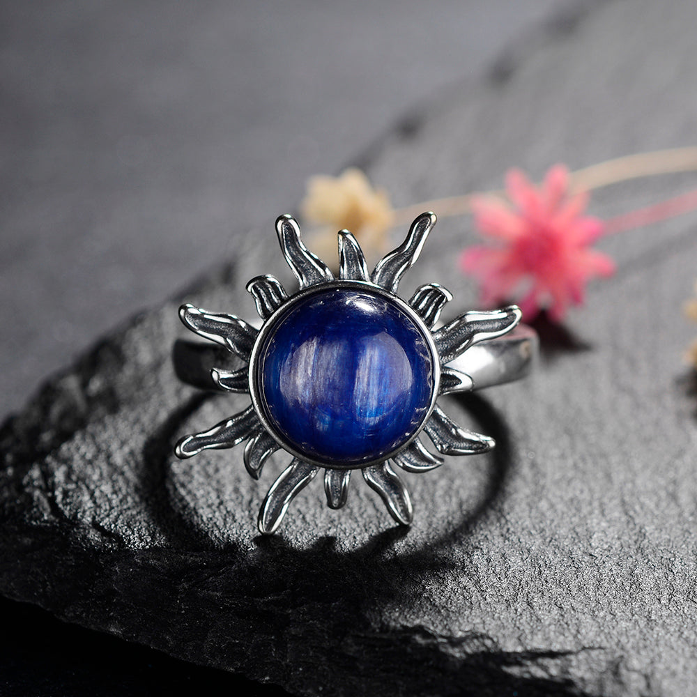 Silver Night Sun Ring with Natural Kyanite Stone