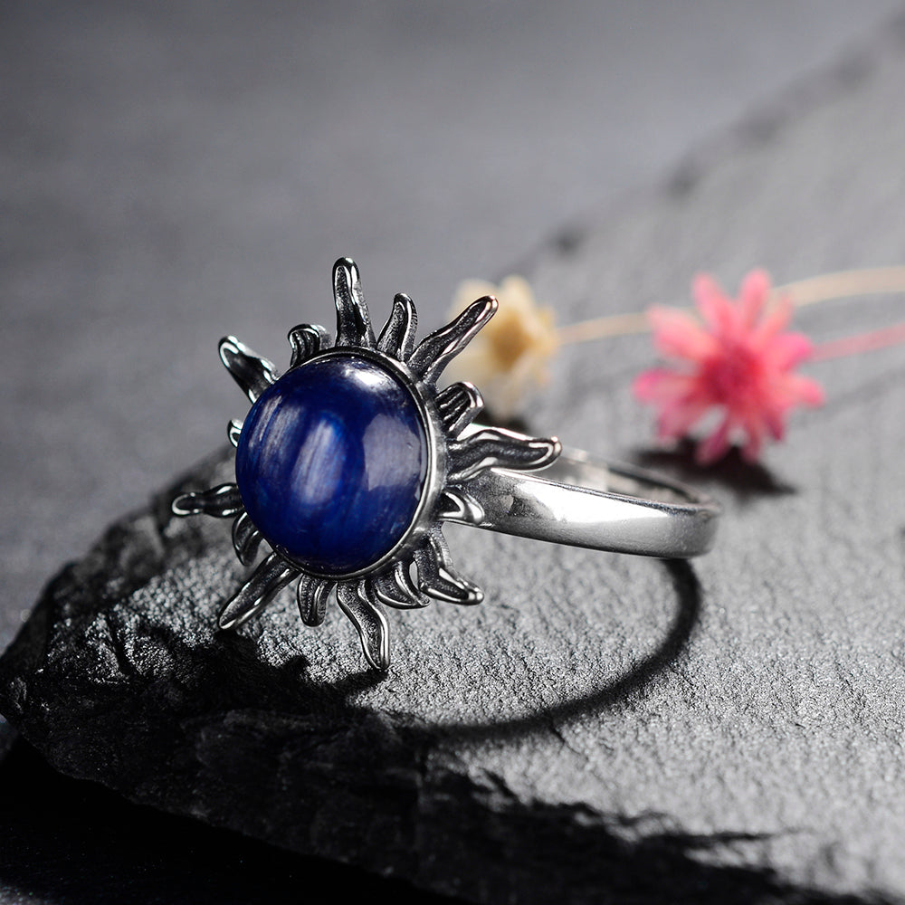 Silver Night Sun Ring with Natural Kyanite Stone