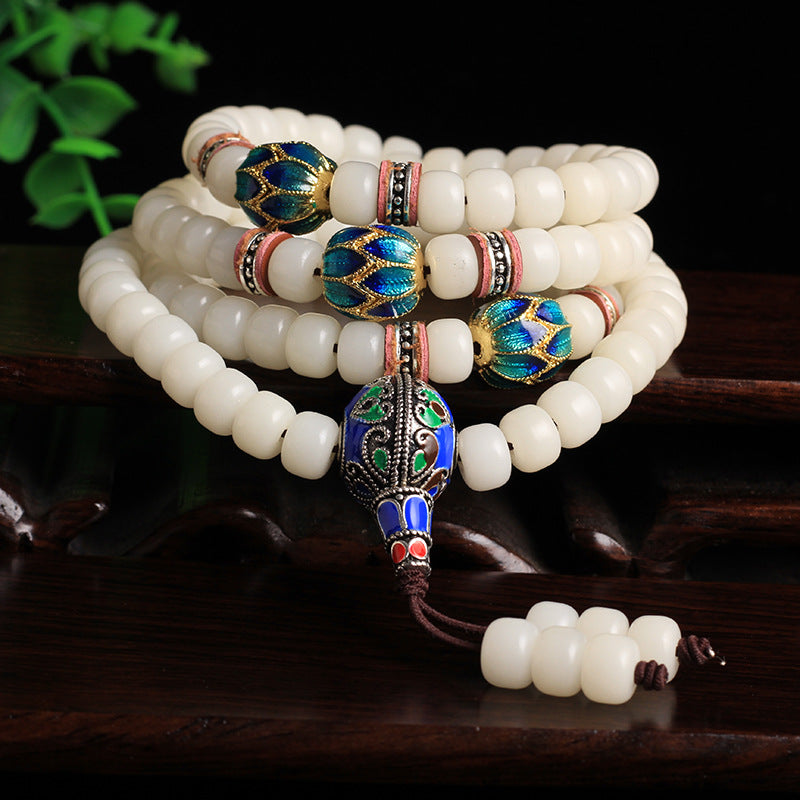 Natural White Bodhi 108 Beads Mala with Enamelled Charm