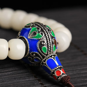 Natural White Bodhi 108 Beads Mala with Enamelled Charm